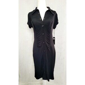Carole Little Women's Button Down Shirt Dress Bodycon Black Ruched Size 6 NWT